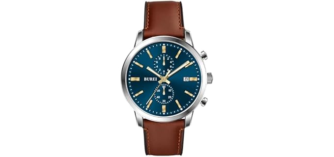 BUREI Men's Brown Leather Classic Wrist Watches Analog Quartz Chronograph Dress Watches for Men relojes para Hombres,Gift for Men
