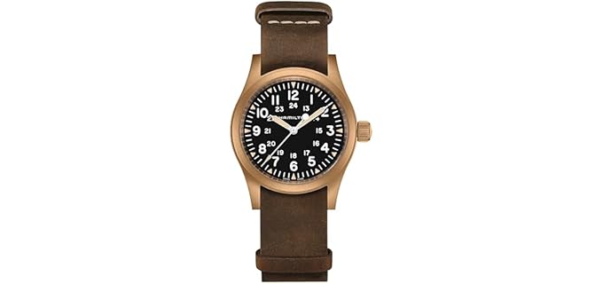 Hamilton Watch Khaki Field Mechanical Bronze | Swiss Made | 38mm Stainless Steel Case | Black Dial Analog Watch | Brown Leather NATO Strap (Model: H69459530)