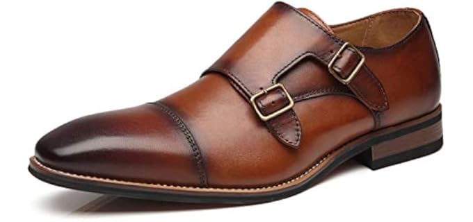 La Milano Mens Double Monk Strap Slip on Loafer Cap Toe Leather Oxford Formal Business Casual Comfortable Dress Shoes for Men Brown