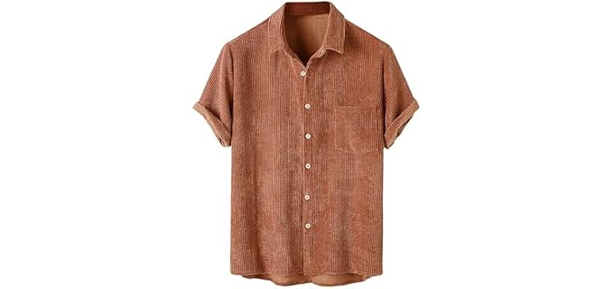ZAFUL Men's Ribbed Corduroy Solid Color Casual Short Sleeves Pocket Button Up Shirt Plain Top (1-Deep Coffee, L)